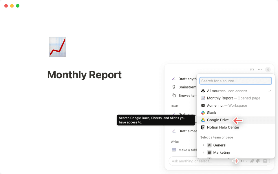 Notion AIのソースピッカーでGoogleドライブを選択して、検索範囲を絞ります。