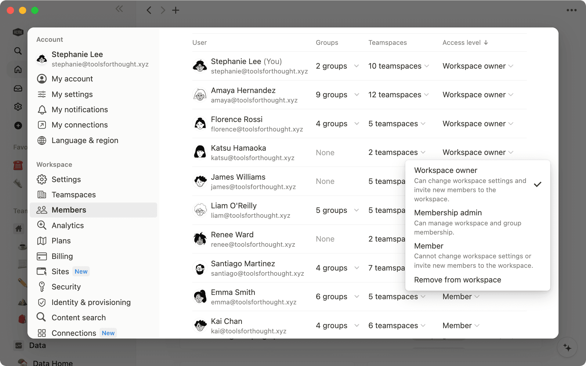 Cambia el nivel de acceso de un compañero de equipo usando el menú desplegable junto a su nombre.