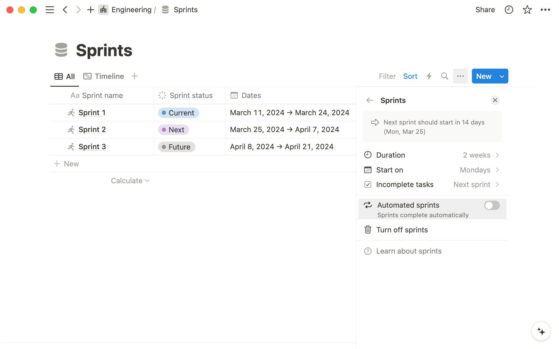Verwende das Automatische Abschließen und Erstellen von Sprints, um dir manuelle Eingriffe zu sparen.