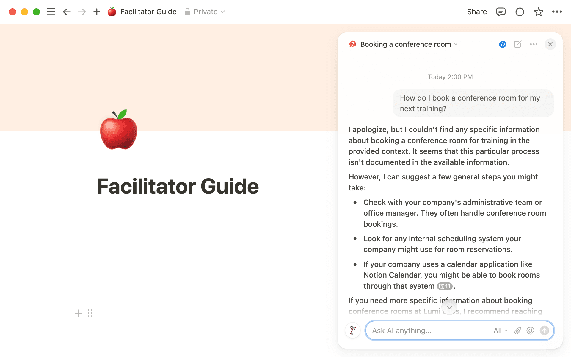 Si la IA de Notion no puede responder a una pregunta, te avisará y ofrecerá otras ideas basadas en su conocimiento general.
