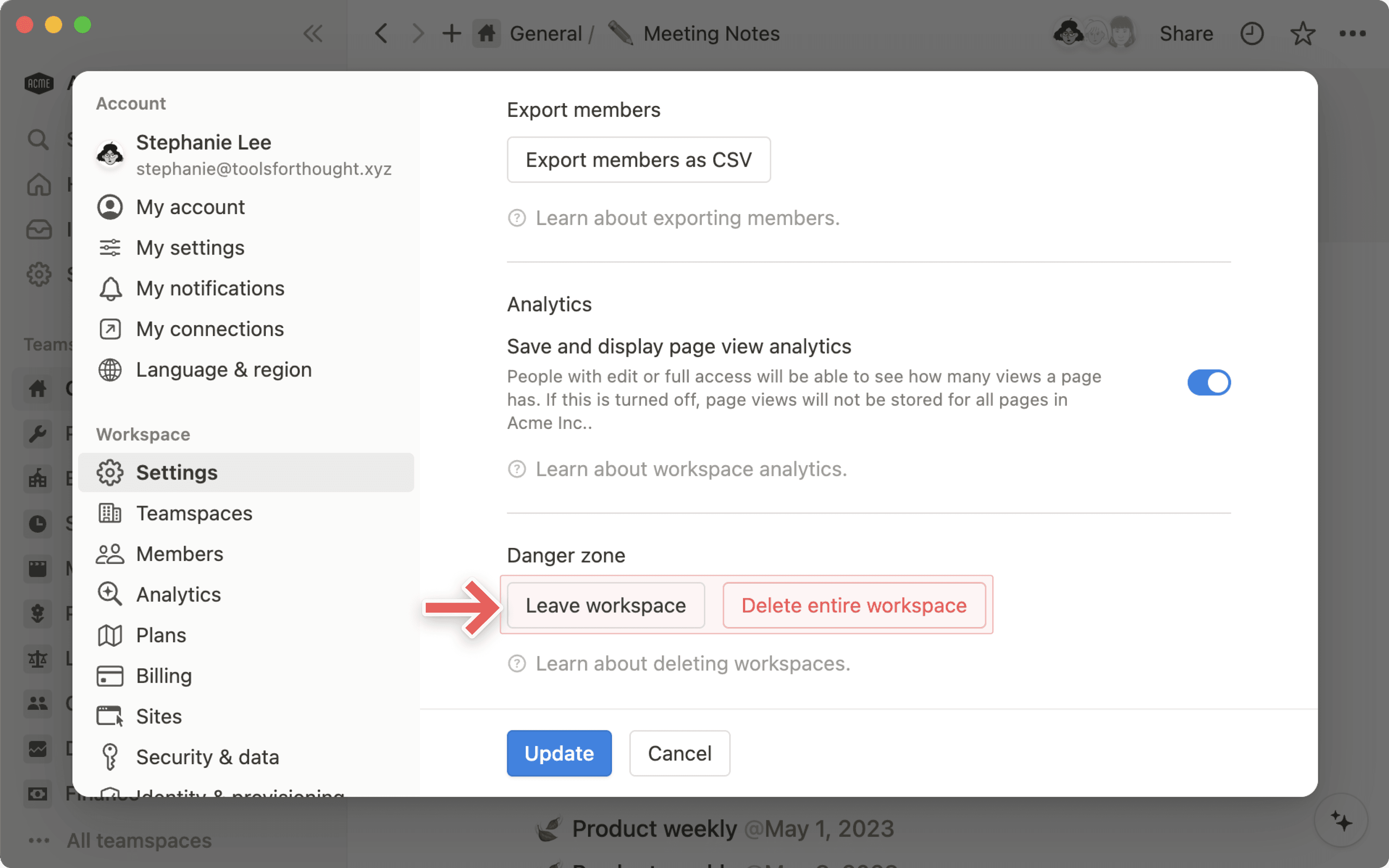hc: Workspace verlassen oder löschen