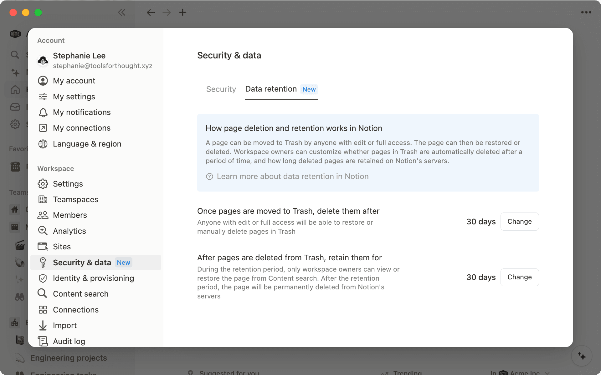 Los propietarios de espacios de trabajo en el plan Enterprise tienen control sobre cuándo se eliminan las páginas de los usuarios de la Papelera y por cuánto tiempo más se pueden conservar luego de la eliminación