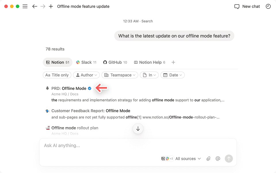 Neben Inhalten, die Notion als „verifiziert“ markiert hat, wird ein blaues Häkchen angezeigt.