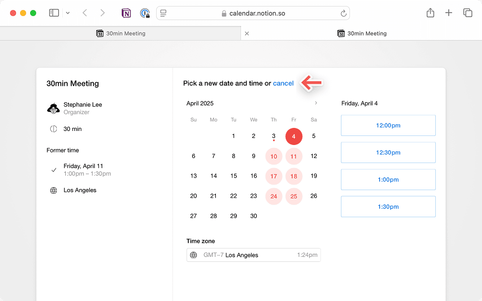 Haz clic en el enlace de una invitación del calendario por correo electrónico para reprogramarla o cancelarla.