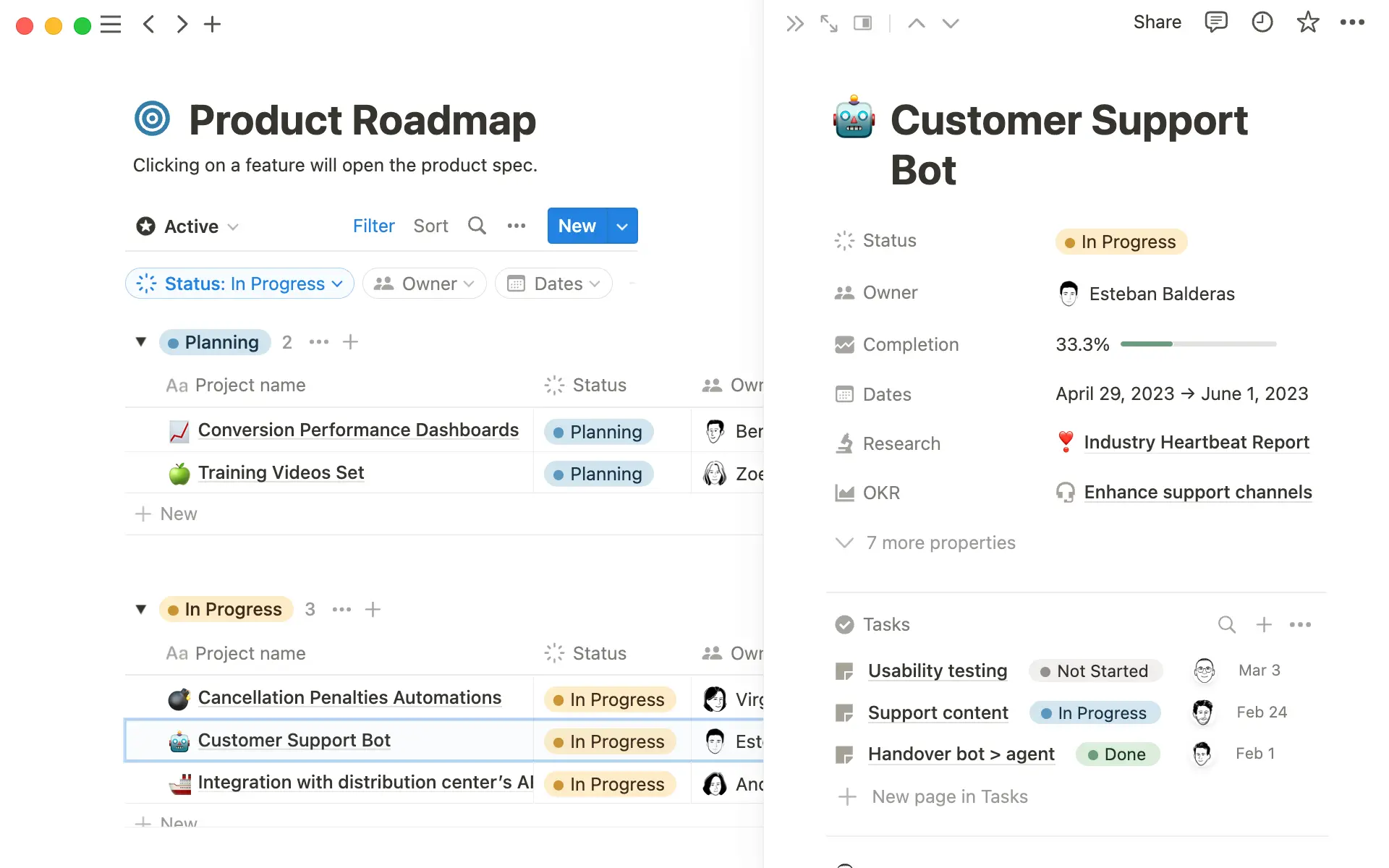 데이터베이스를 사용하여 프로젝트와 문서에 로드맵을 연결하세요.