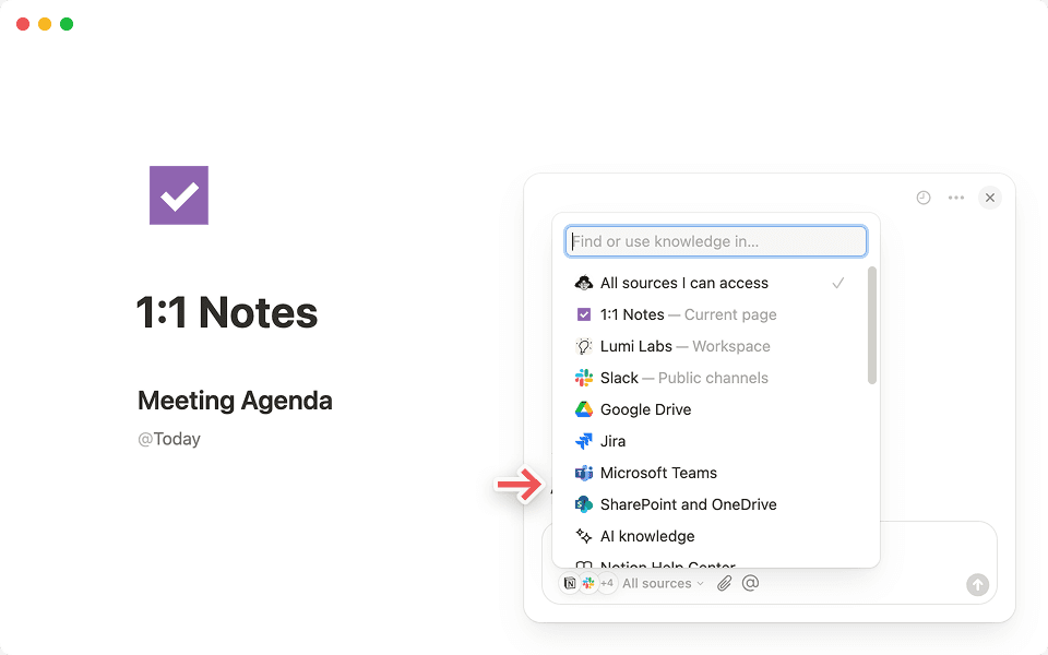 Selecciona la opción + Conectar apps en la pestaña «Todas las fuentes» del chat de la IA de Notion para empezar.