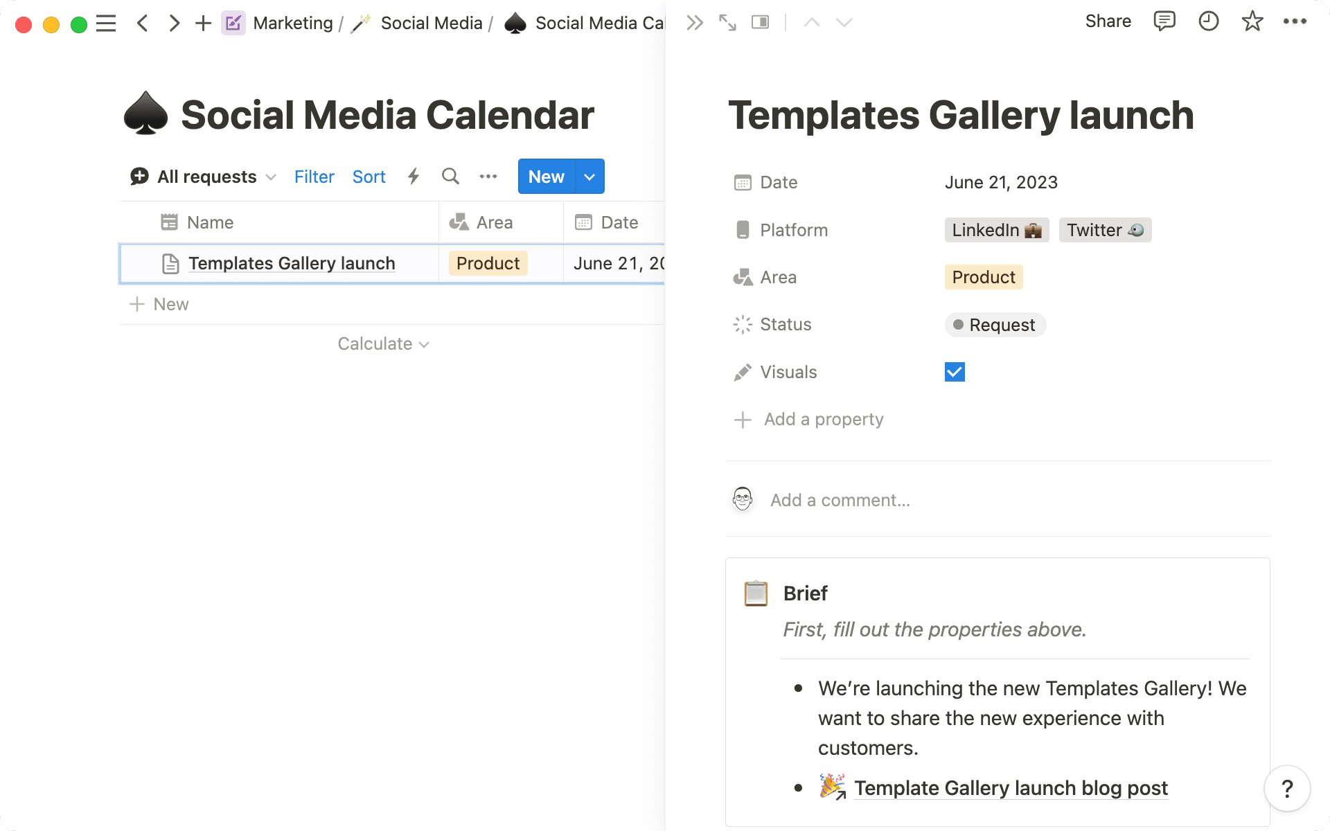 SNSリクエストシステムでは、各チームが今後のSNS投稿に関する詳細情報とリンクを記載します。