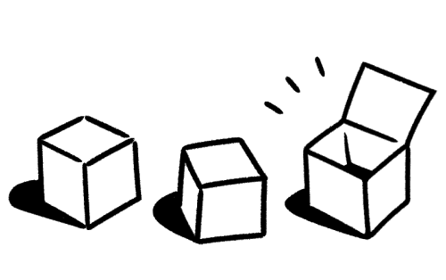 닫힌 상자 2개와 열린 상자 1개로 구성된 미니멀한 흑백 선 드로잉.