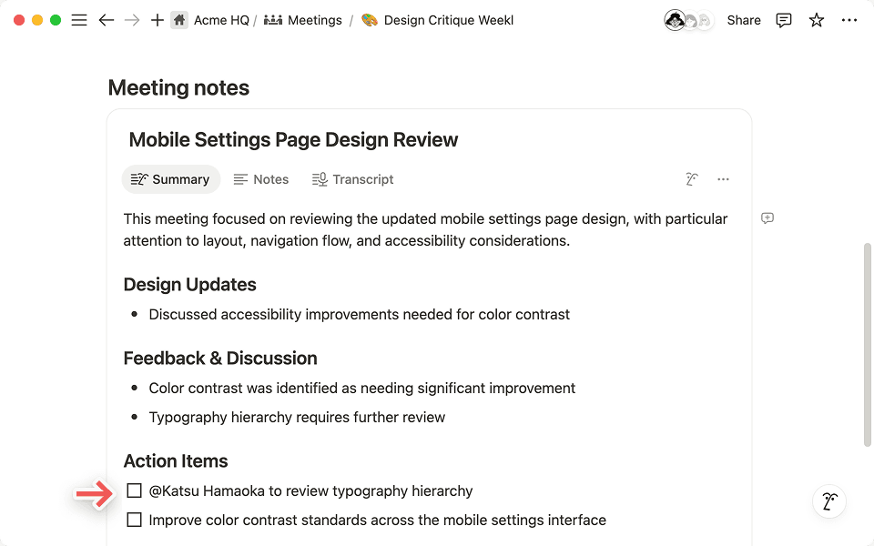 Notion-KI markiert automatisch die richtigen Personen im Zusammenfassungs-Tab, wenn du sie in deinen Notizen markierst.