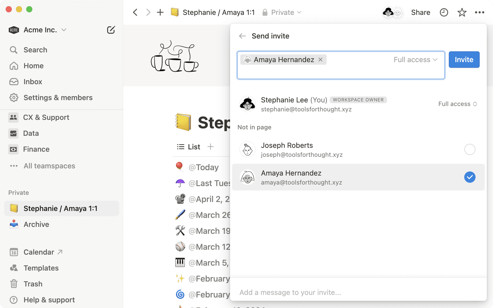 共有と権限管理: チームメンバーと共有