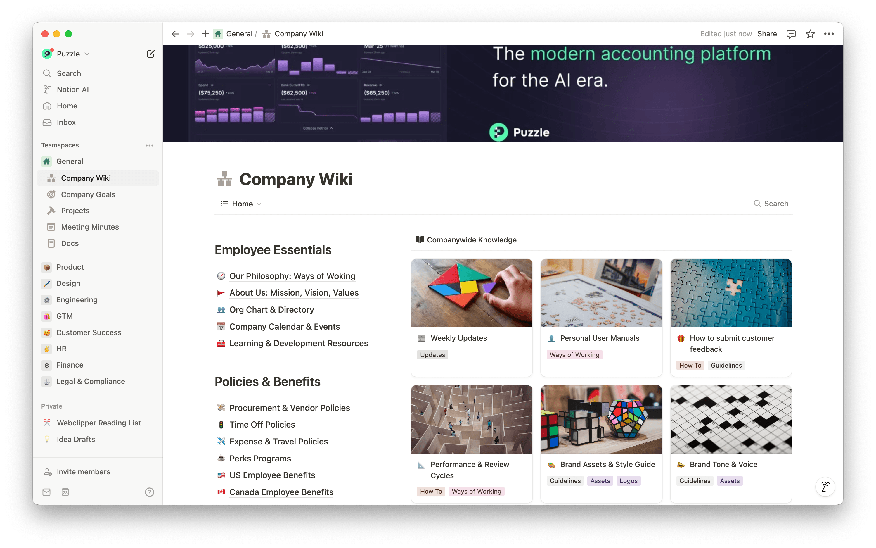 La fuente central de Puzzle para todo el conocimiento de la empresa: fácil de actualizar, rápido de encontrar y perfectamente conectado a todo nuestro trabajo.