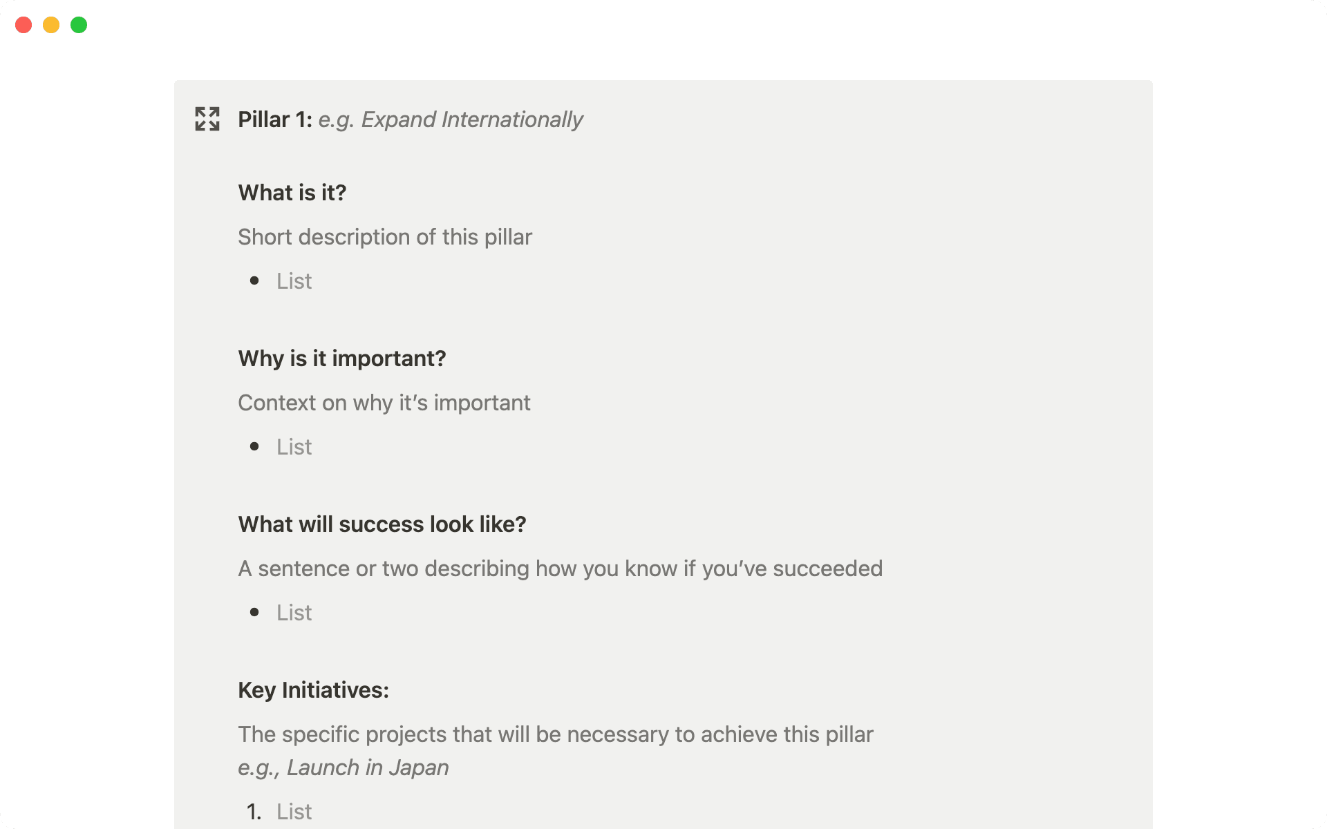 목적, 이유, 성공 지표, 주요 이니셔티브를 정의하여 각 전략의 기반을 구축하세요.