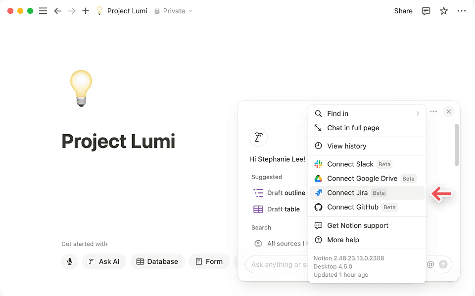 Para conectar Jira, haz clic en el menú de los tres puntos en la parte superior derecha de la ventana de chat de la IA de Notion.