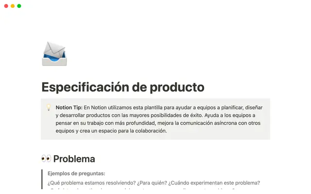 Especificaciones de producto