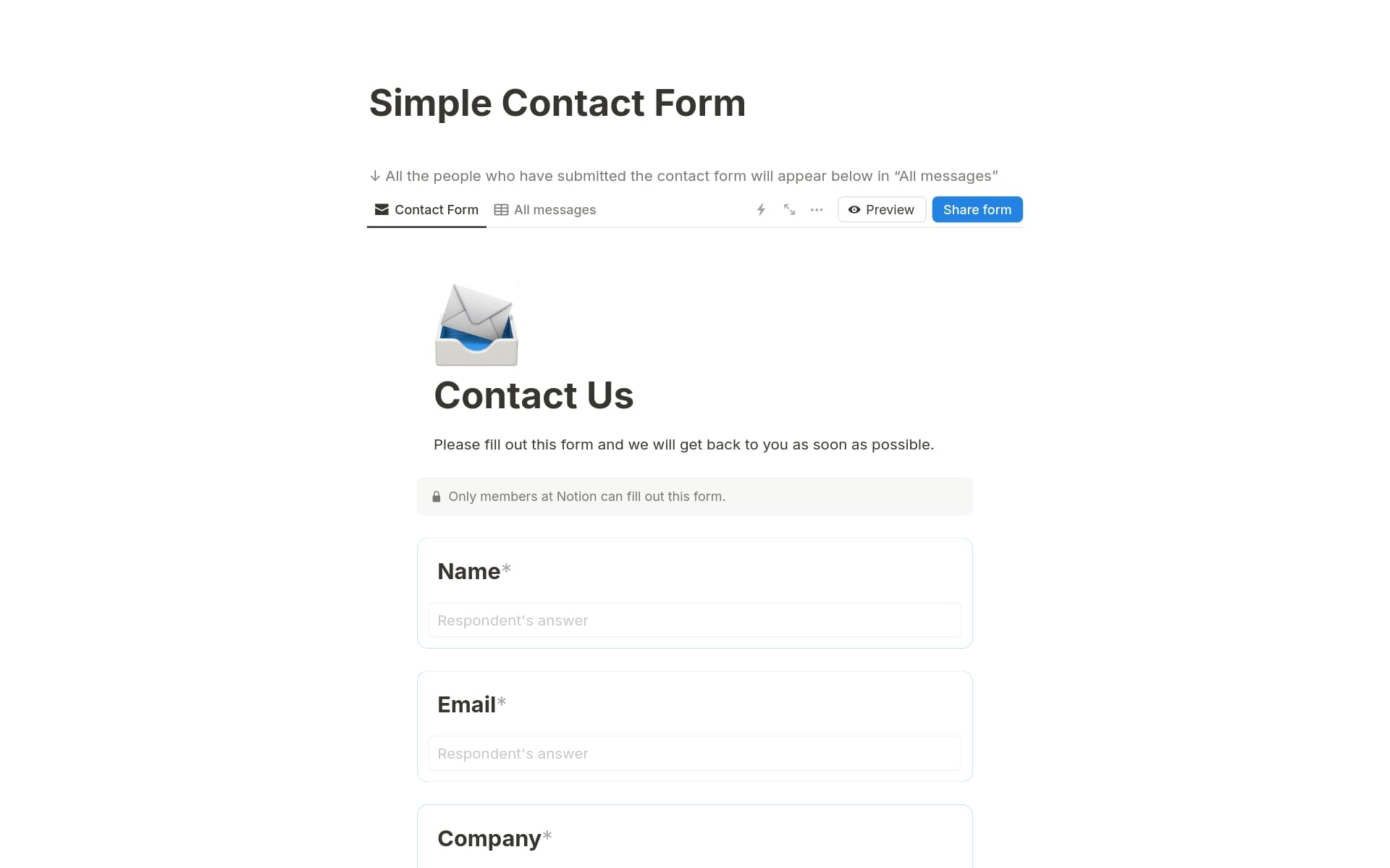 Vista previa de plantilla para Simple contact form